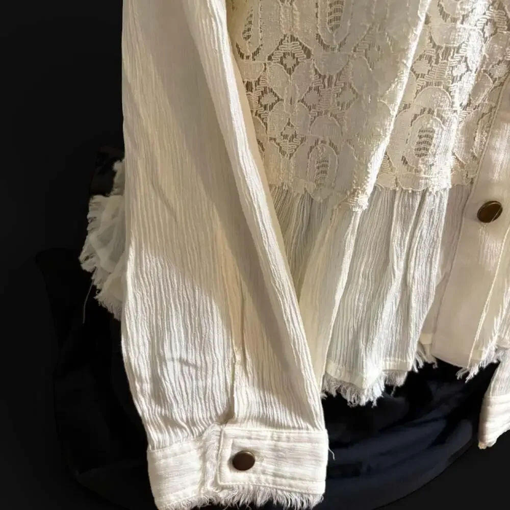Baccini White Denim Western Jacket with Lace and Ruffle Detail